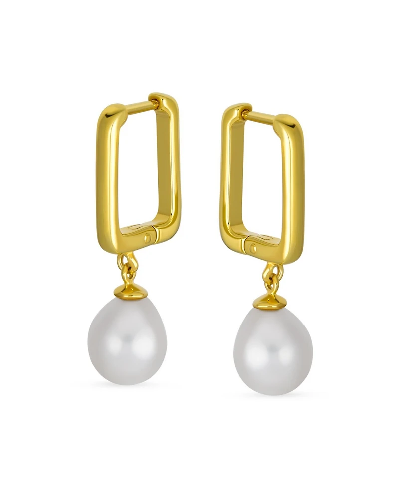 Bling Jewelry Modern Freshwater Teardrop Pearl Dangle Paperclip Huggie Earrings Gold Plated