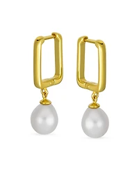 Bling Jewelry Modern Freshwater Teardrop Pearl Dangle Paperclip Huggie Earrings Gold Plated