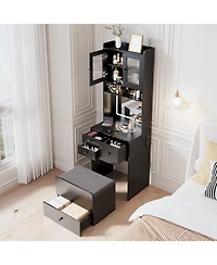 gaomon Compact 3-in-1 Vanity Desk with Mirror and Led Lights - Modern Makeup Table Drawers, Storage Compartment, Rolling Chair