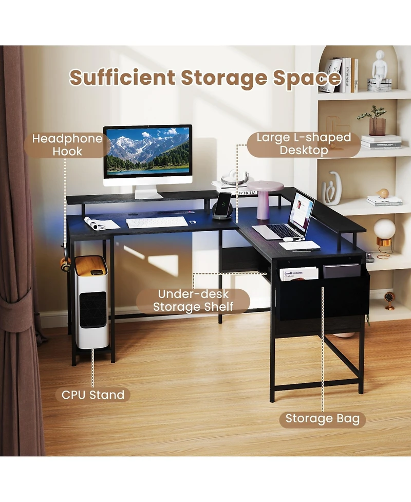 Slickblue L Shaped Computer Desk with Led Lights and Charging Ports