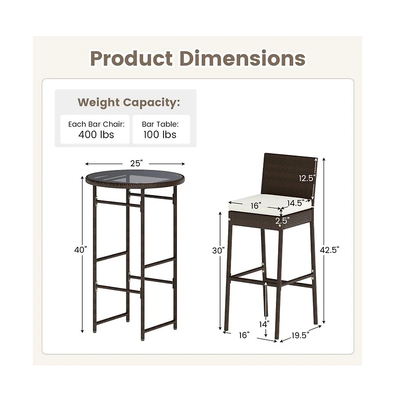 Boyel Living 3 Piece Outdoor Bar Set Patio Heavy-Duty Metal Barstool and Table Set