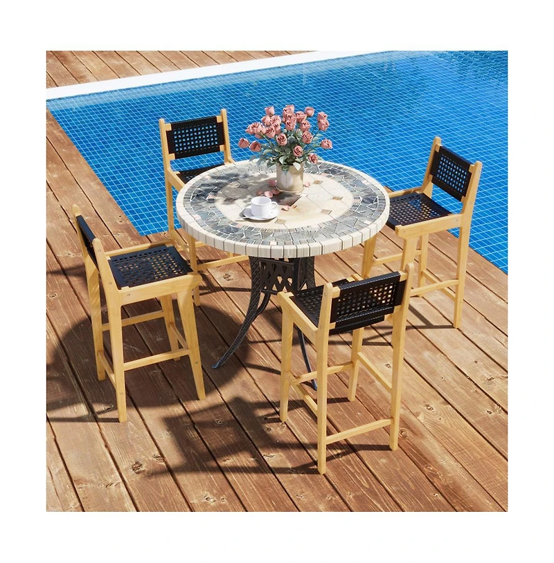 Boyel Living 30 Inch Rattan Teak Wood Bar Stool with Backrest and Footrest