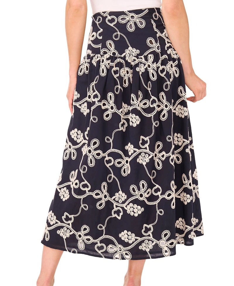 CeCe Women's Eyelet Embroidered Wide Yoke Midi Skirt