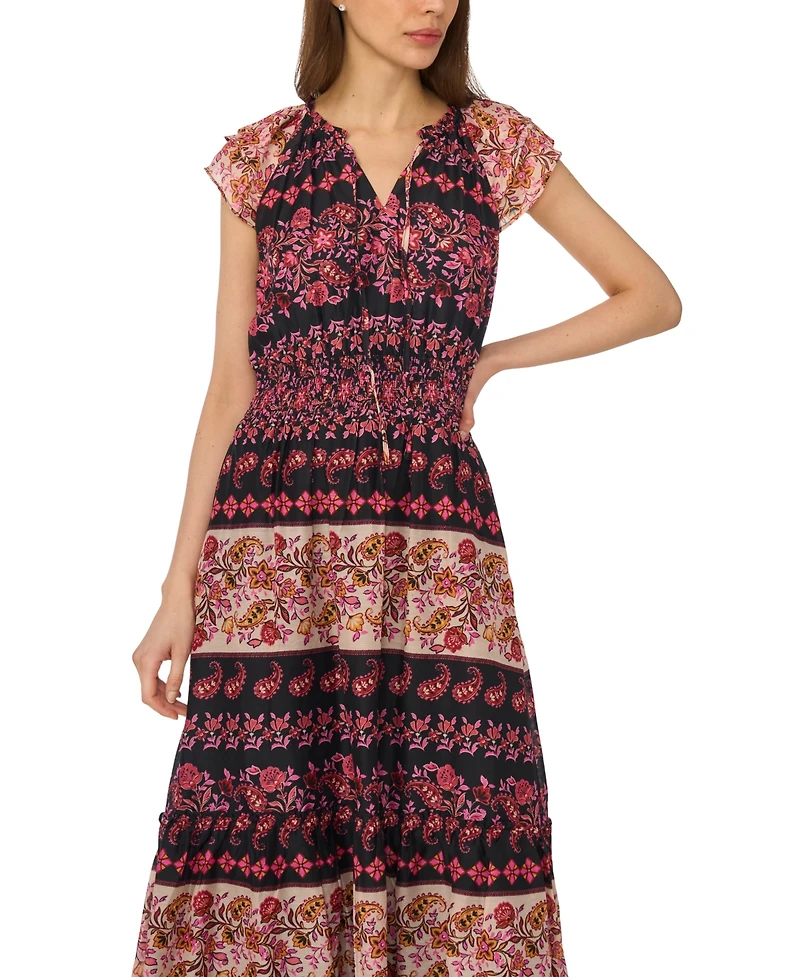 CeCe Women's Tie-Neck Smocked Waist Printed Dress