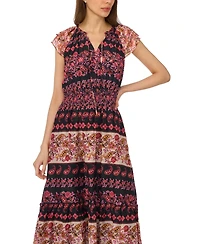 CeCe Women's Tie-Neck Smocked Waist Printed Dress