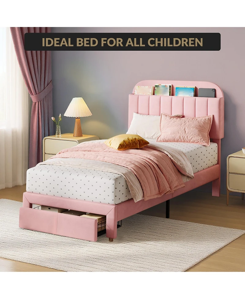 homfan Twin Bed Frame for Kids, Upholstered Platform Bed with Storage Drawer and Bookcase Headboard, Noise-Free Easy Assembly Bed
