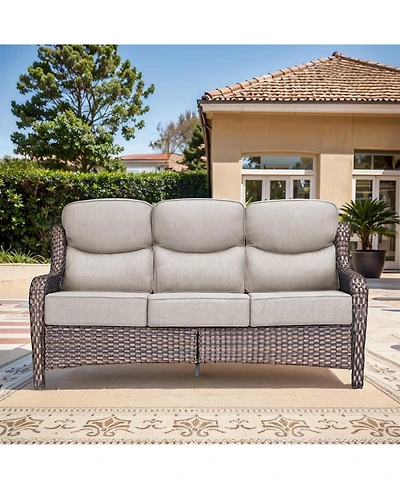 Pocassy Patio Sofa 3-Seat Wicker Couch with 6" Thick Cushion - Outdoor Furniture Rattan High Back for Garden Porch Sunroom