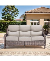 Pocassy Patio Sofa 3-Seat Wicker Couch with 6" Thick Cushion - Outdoor Furniture Rattan High Back for Garden Porch Sunroom