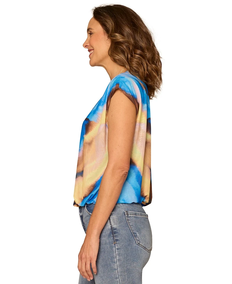 Democracy Petite Pleated Bubble Hem Placement Print Knit Top