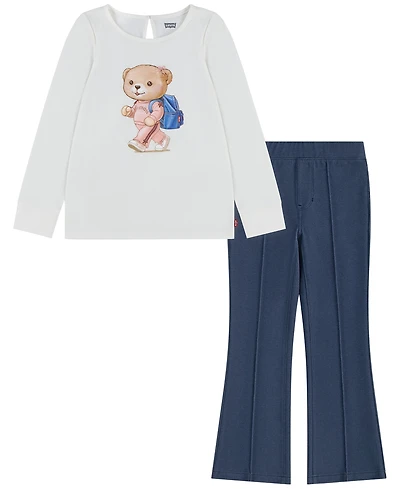 Levi's Girls' 4-6X Bear T-Shirt and Flared Pants, 2-Piece Set