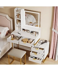 gaomon Makeup Vanity Desk with Led Mirror, 5 Drawers, Removable Cabinet & Cushioned Stool