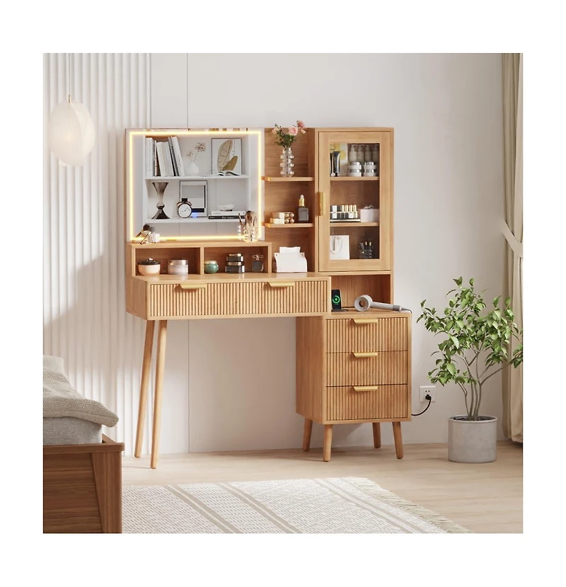 gaomon Modern Makeup Vanity Desk with 24 in Hd Led Mirror, 5 Drawers, Power Outlet & Usb Ports, Wood Finish