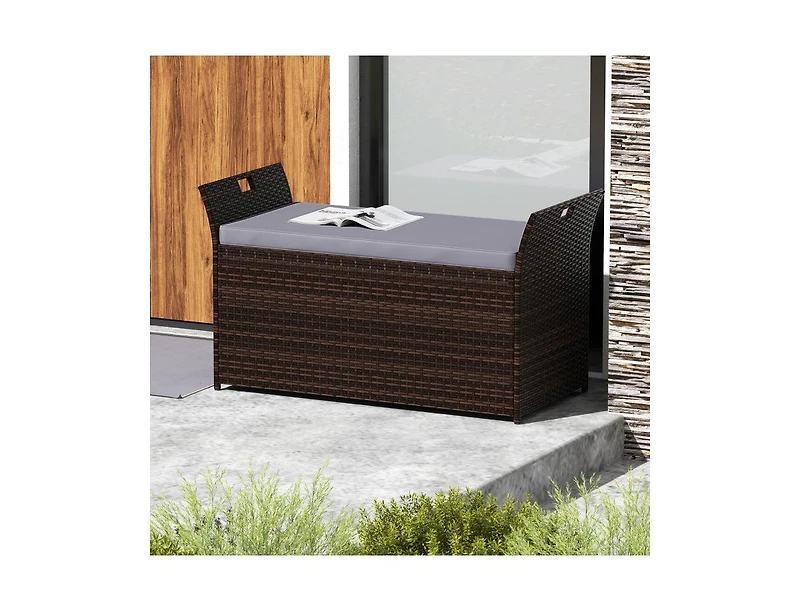 Lucky One Outdoor Storage Bench with Pe Rattan Wicker Cushion and Side Handles
