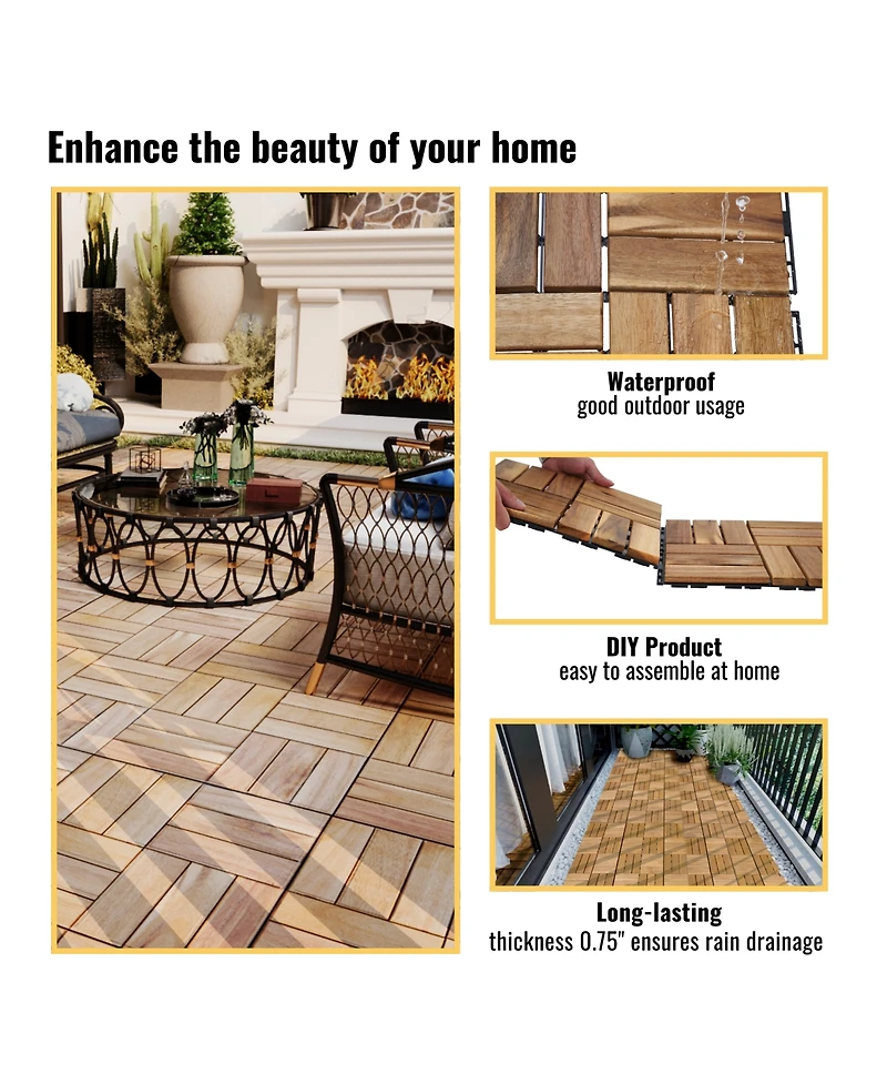 Mondawe Acacia Wood Checker Pattern Interlocking Deck Tiles
