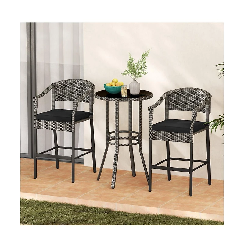 Boyel Living 3-Piece Patio Rattan Bar Set with Tempered Glass Top for Backyard Poolside