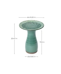 LuxenHome Aqua Green Ceramic Birdbath with Peacock Feather Design Basin, 20.47" Outdoor Garden Accent