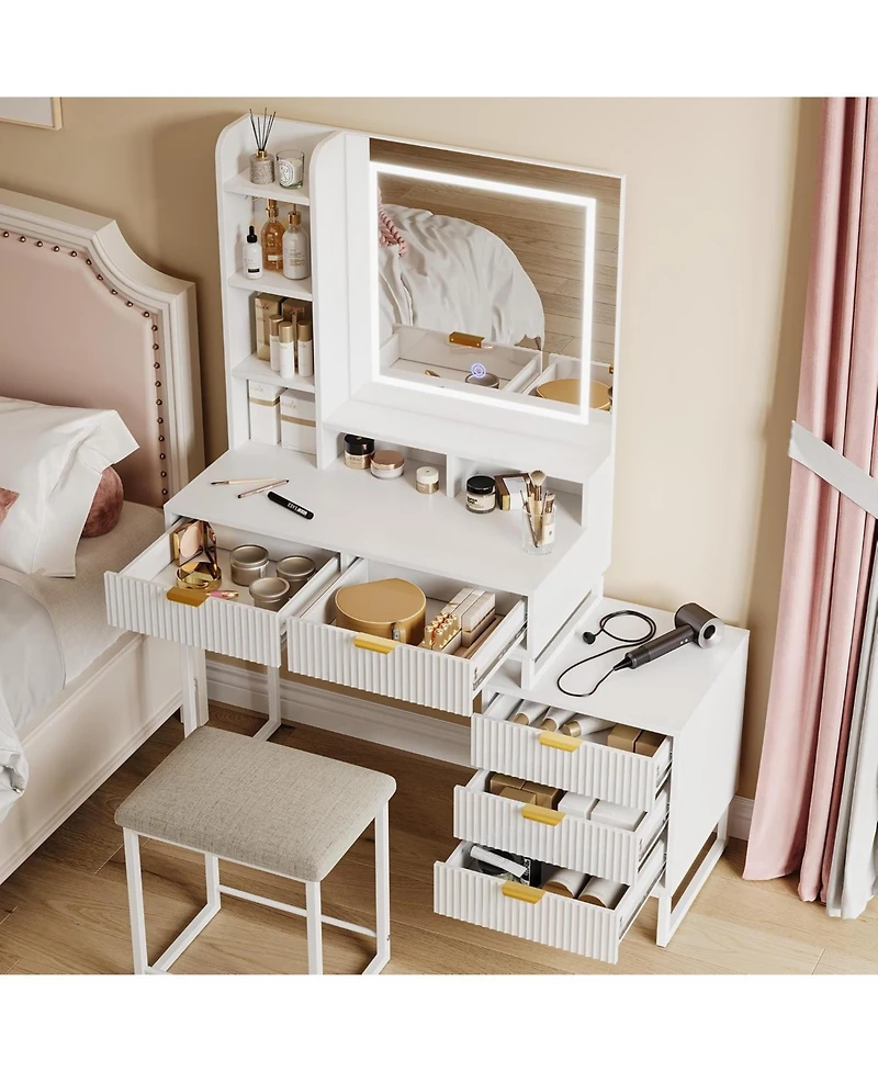 gaomon Vanity Makeup Desk with Led Mirror, 3 Light Modes, 5 Drawers and Removable Cabinet, Modern Dressing Table Set