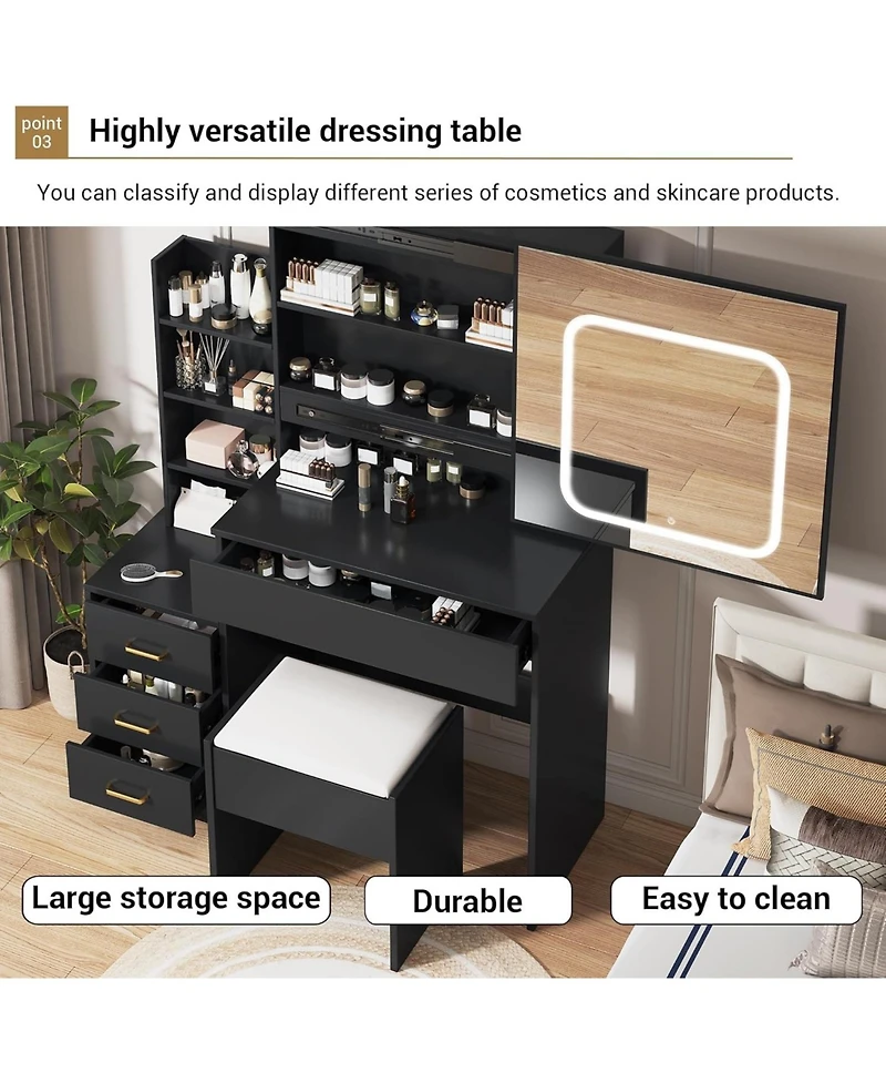 gaomon Makeup Vanity Desk with Sliding Led Mirror, Power Outlet, 4 Drawers, Shelves & Cushioned Stool