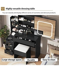 gaomon Makeup Vanity Desk with Sliding Led Mirror, Power Outlet, 4 Drawers, Shelves & Cushioned Stool