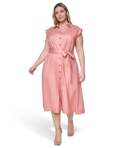 Calvin Klein Plus Cotton-Blend Collared V-Neck Shirt Dress