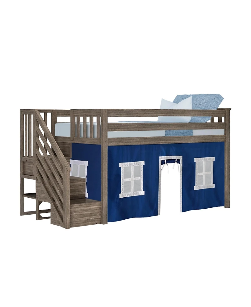 Max & Lily Twin Low Loft with Stairs and Curtains