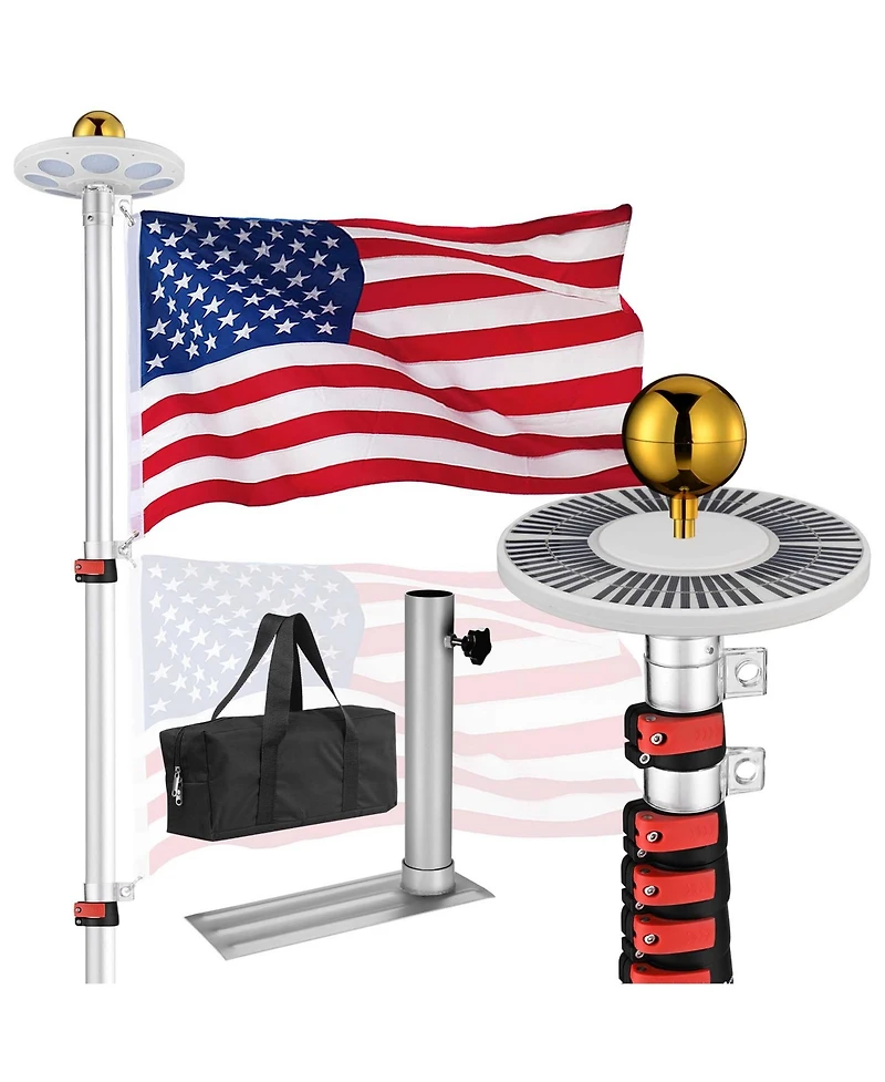 Yescom Ez Go 20Ft Aluminum Telescopic Flag Pole Kit w/ Solar Light and Flagpole Holder for Camper Rv Tailgate