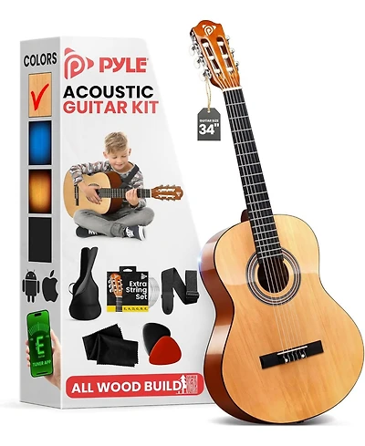 Pyle 34" Beginner Acoustic Guitar Kit, 6-String 1/2 Junior Size All-Wood Guitar for Kids & Adults