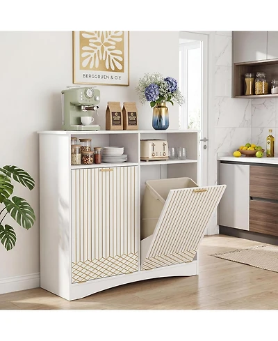 Tribesigns Double Tilt Out Trash Cabinet, 10 Gallon Hidden Trash Can Storage Cabinet with Open Compartments, Recycling Garbage Bin Holder