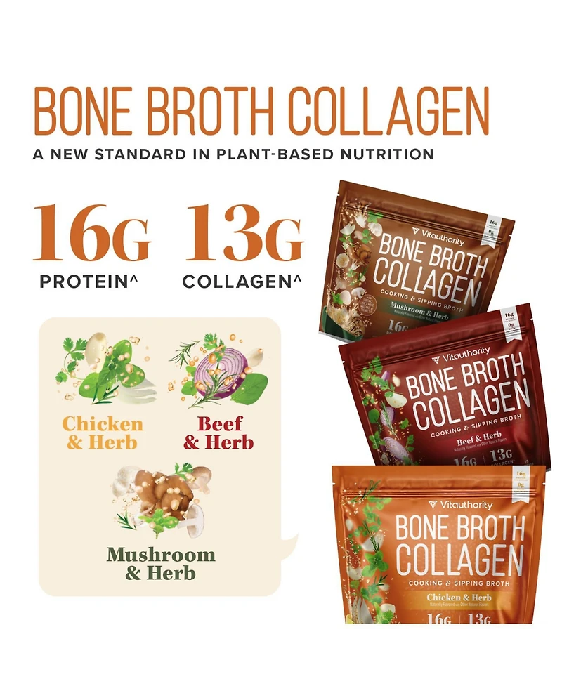 Vitauthority Bone Broth Collagen Mushroom Powder, 310 Gram Pouch, Protein and Collagen Support