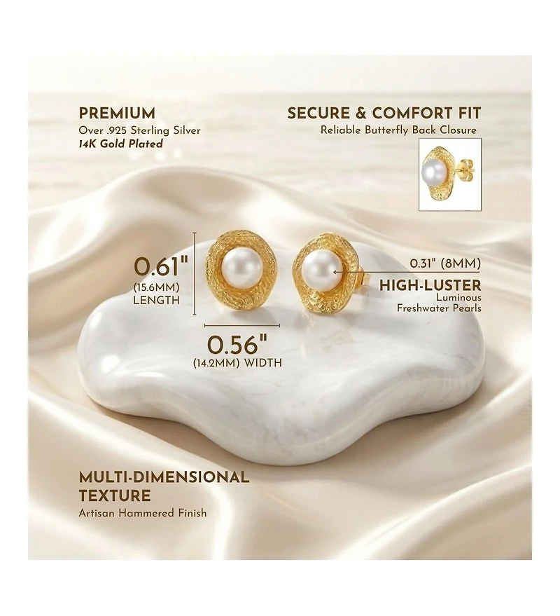 Sterling Silver 14K Gold Plated with Genuine Freshwater Pearl Hammered Stud Earrings