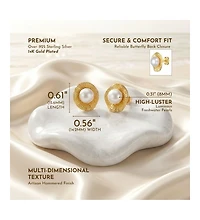 Sterling Silver 14K Gold Plated with Genuine Freshwater Pearl Hammered Stud Earrings