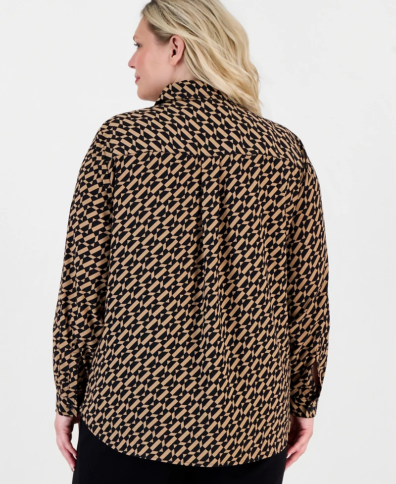 Anne Klein Essentials Plus Geometric-Print Long-Sleeve Shirt