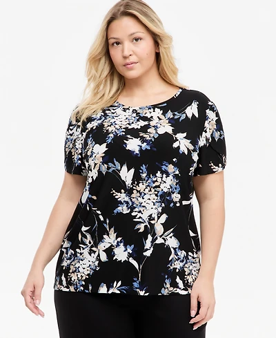 Anne Klein Essentials Plus Tuli Floral Tulip-Sleeve T-Shirt