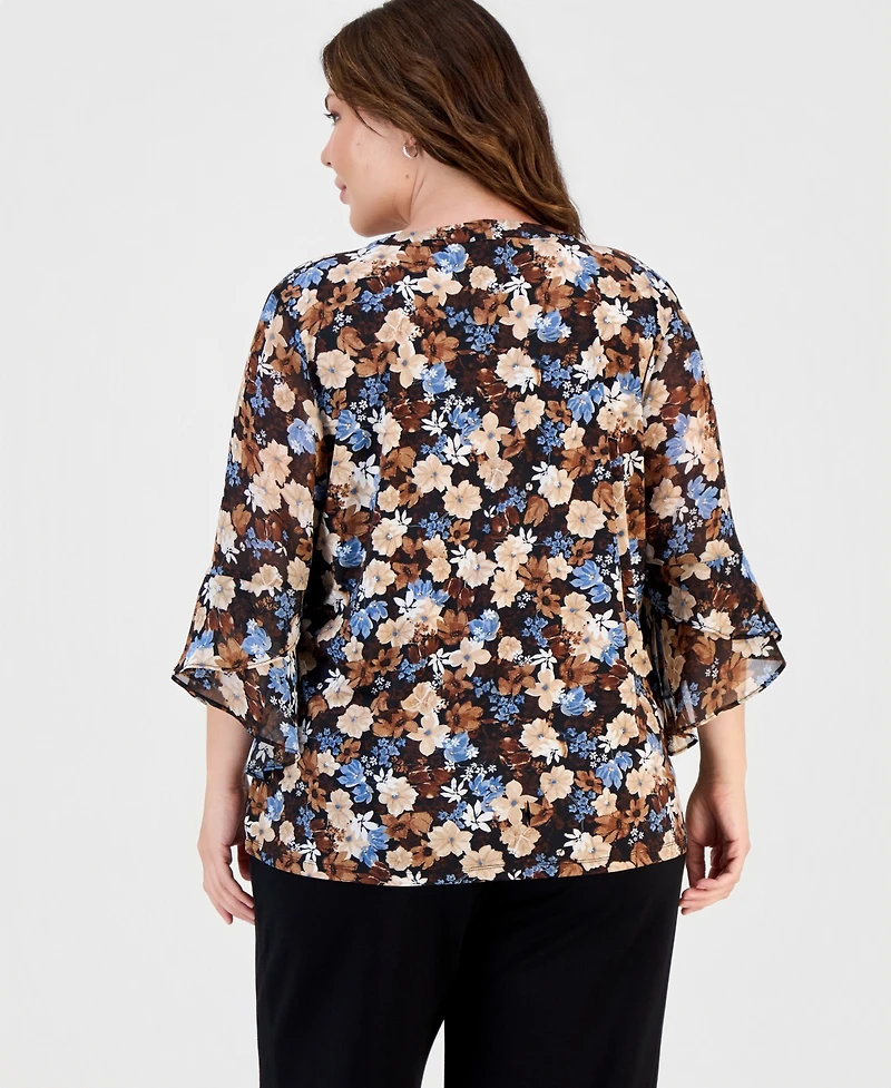 Anne Klein Essentials Plus V-Neck Flared 3/4-Sleeve Top