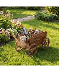Sugift Rustic Rolling Flower Pot Stand with Wheels and Handle-Coffee