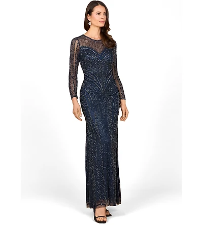 Lara Women's Illusion Neck, Long Sleeve Beaded Gown