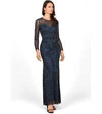 Lara Women's Illusion Neck, Long Sleeve Beaded Gown