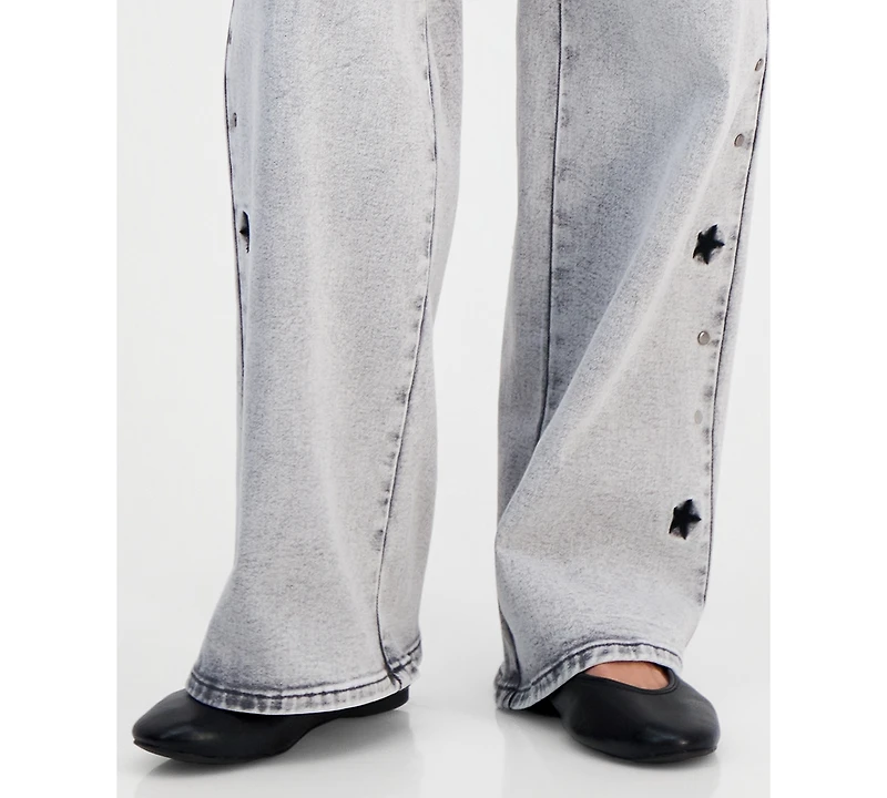 Madden Girl Juniors' Star Stud Mid Rise Wide Leg Jeans