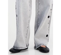 Madden Girl Juniors' Star Stud Mid Rise Wide Leg Jeans