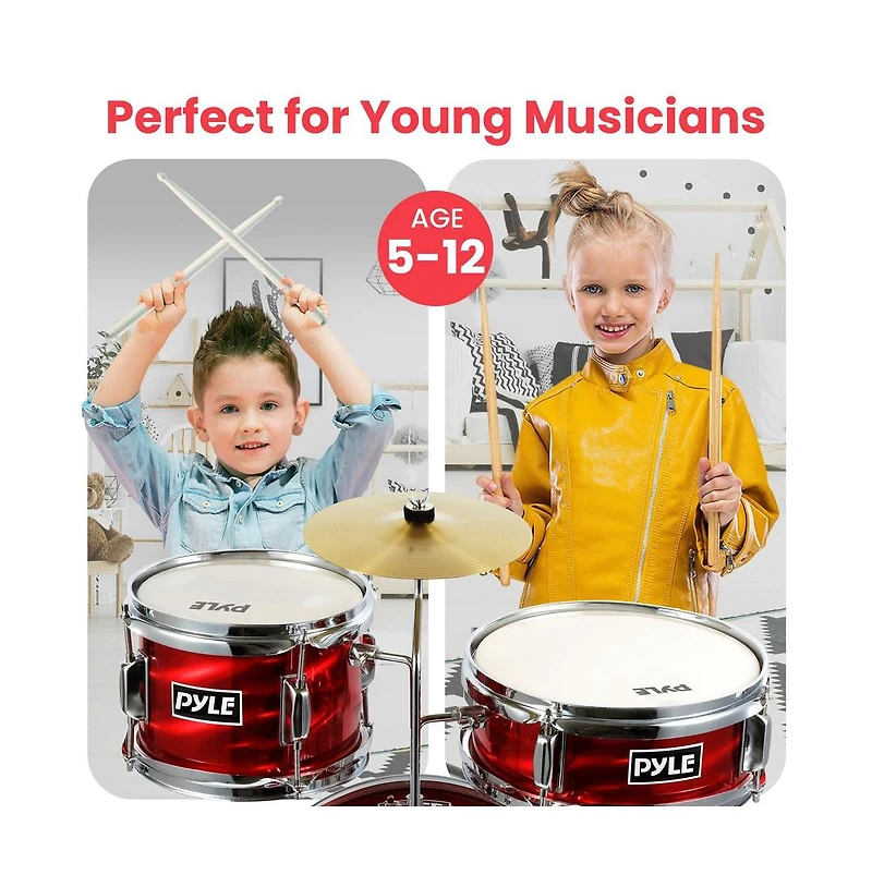 Pyle 3-Piece Kids Drum Set - 13" Metallic Red Junior Drum Kit with Throne, Cymbal, Bass Pedal, Tom & Drumsticks