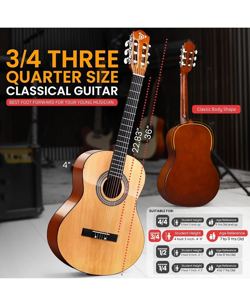 Pyle Left-Handed 3/4 Size Beginner Acoustic Guitar Kit - Nylon String 36" Junior Guitar with Capo, Strap, Extra Strings & Gig Bag, Natural Gloss