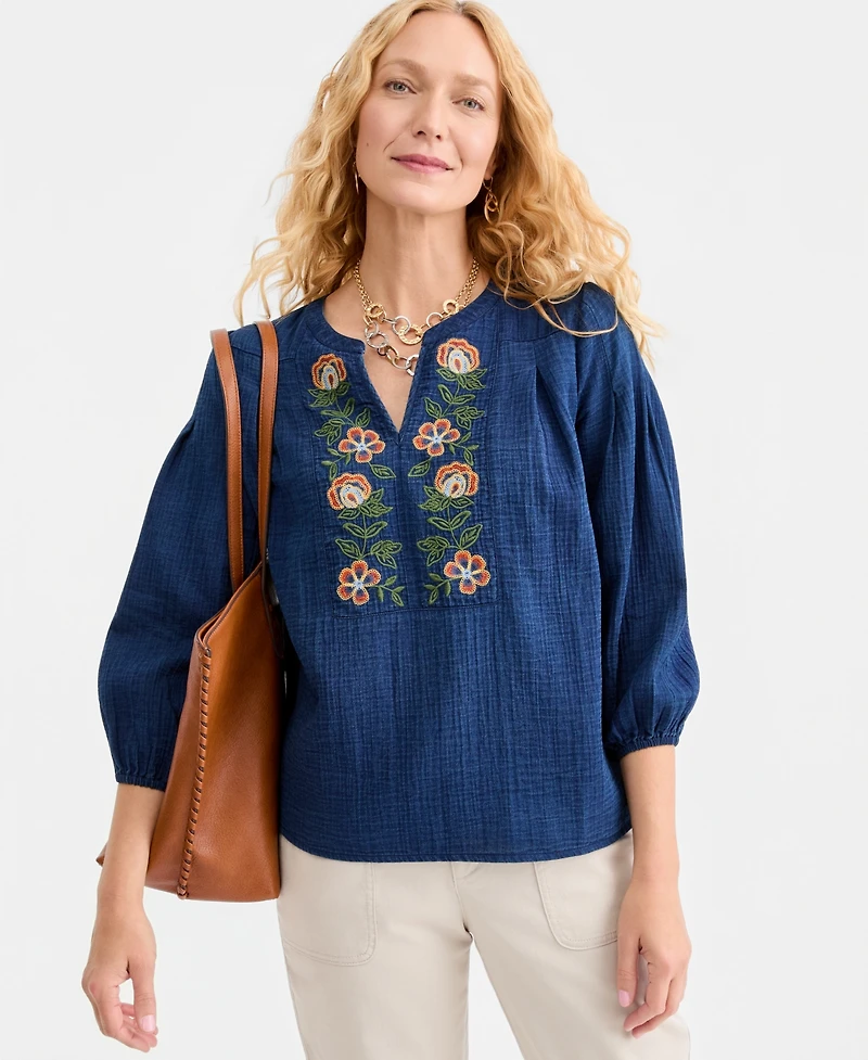Style & Co Women's Embroidered Indigo Gauze Top, Macy's Exclusive