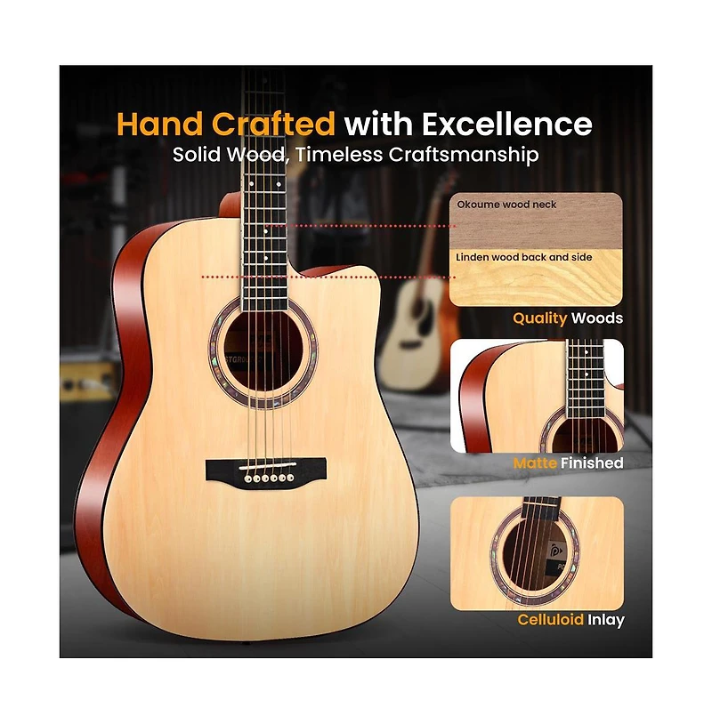 Pyle 41" Acoustic Guitar Kit with Cutaway Body, Accessory Pack - Natural Finish, PGA480NT