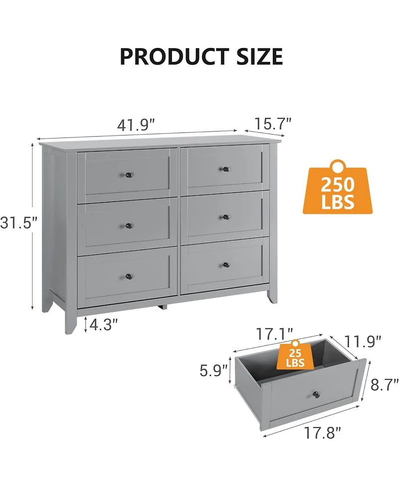 gaomon Modern 6 Drawer Wood Dresser with Nickel Handles, Deep Storage Chest