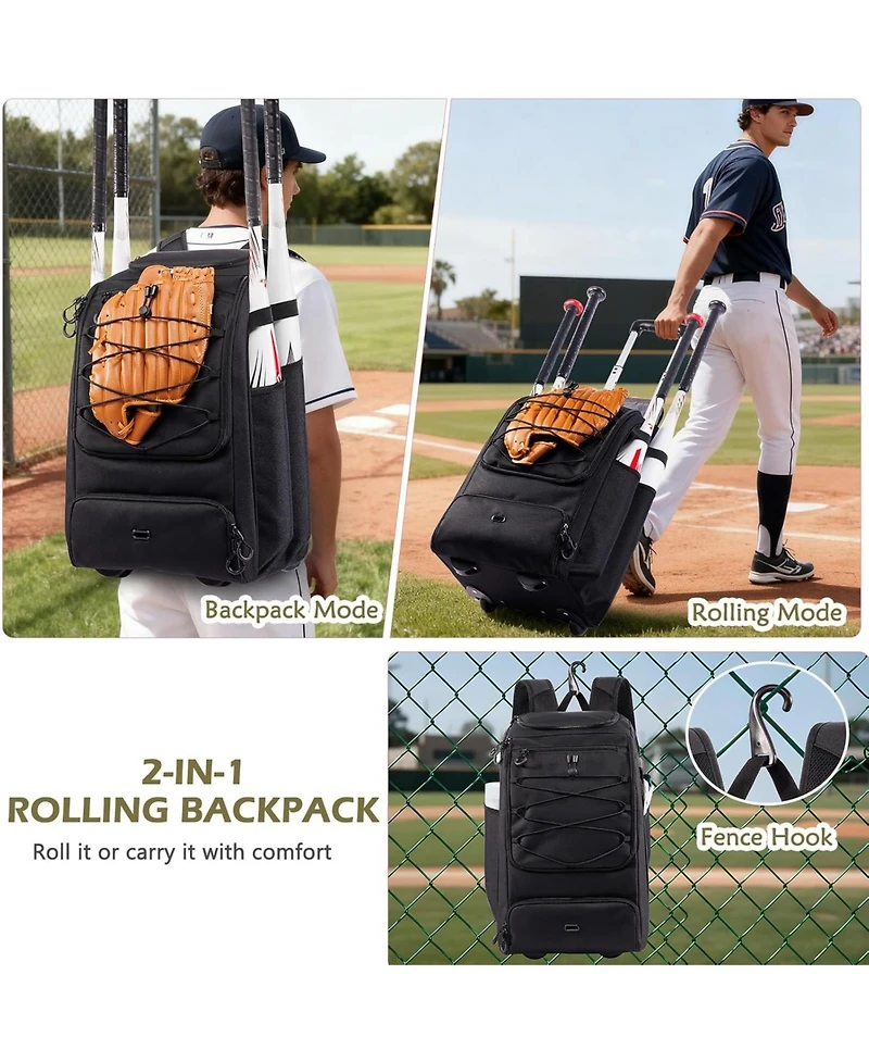 Furlihong Wheeled 60L Youth Baseball Bag - Holds 4 Bats, Rolling Equipment with Shoe Compartment and Fence Hook, for Boys Girls Age 8+