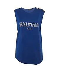Pre-Owned Balmain Women's Logo Print Cotton Shoulder Button Detail Top