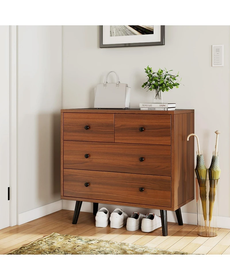 Wide Wooden Dresser with 4 Drawers for Bedroom Living Room