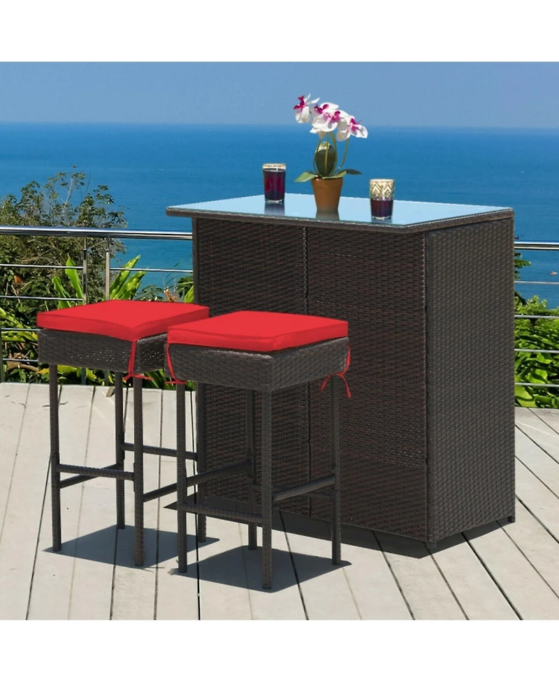 Gouun 3-Piece Patio Rattan Wicker Bar Set with Cushioned Stools and Glass Top