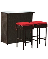 Gouun 3-Piece Patio Rattan Wicker Bar Set with Cushioned Stools and Glass Top