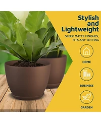 Lifemaster Set of 15 brown planter pots with drainage holes and saucers. Lightweight, durable, stackable, and perfect for indoor/outdoor use